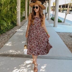 Abercrombie & Fitch Trapeze Tropical Print Tiered Midi Dress Brown White